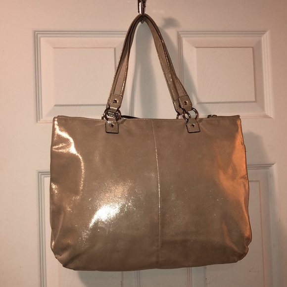 Coach Poppy Metallic Gold Champagne Leather Large Tote Bag Purse #H1281-F20441 - Picture 10 of 15